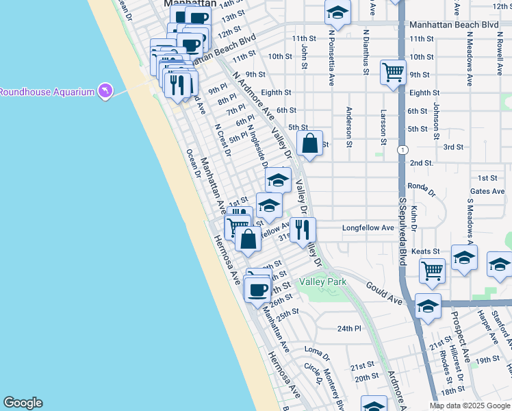 map of restaurants, bars, coffee shops, grocery stores, and more near 330 South Ingleside Drive in Manhattan Beach