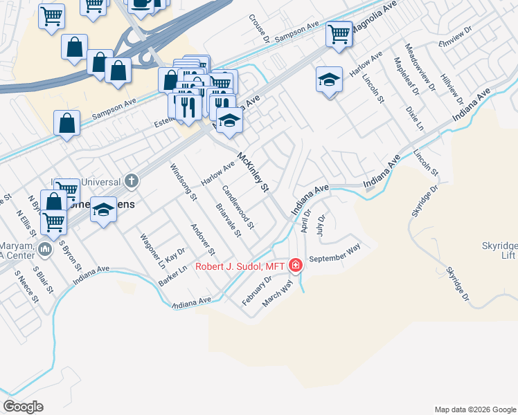 map of restaurants, bars, coffee shops, grocery stores, and more near 13138 Cliffshire Avenue in Corona