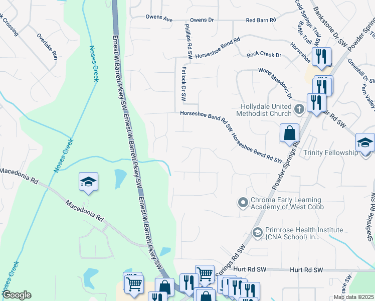 map of restaurants, bars, coffee shops, grocery stores, and more near 2671 Robin Way Court Southwest in Marietta