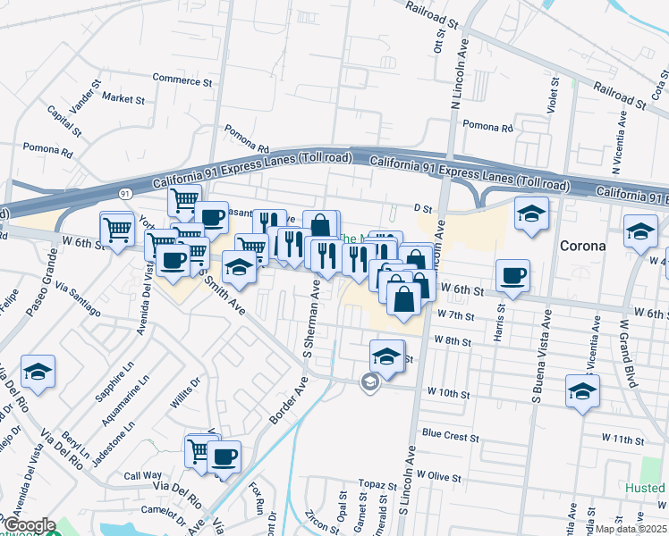 map of restaurants, bars, coffee shops, grocery stores, and more near 1245 West 6th Street in Corona