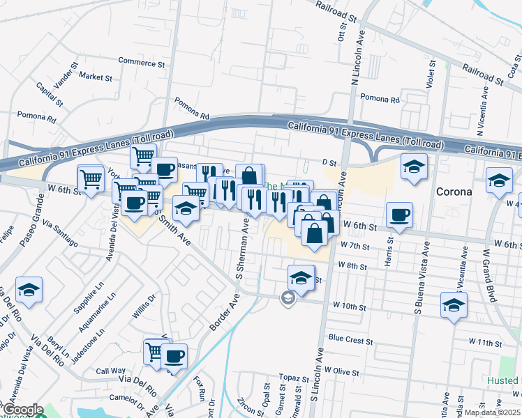 map of restaurants, bars, coffee shops, grocery stores, and more near 1245 West 6th Street in Corona