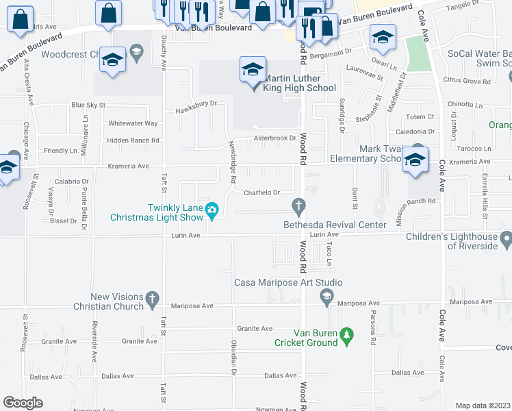 map of restaurants, bars, coffee shops, grocery stores, and more near 18828 Woodcrest Lane in Riverside