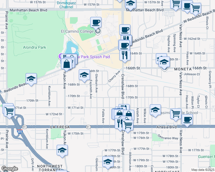 map of restaurants, bars, coffee shops, grocery stores, and more near 3158 168th Street in Torrance