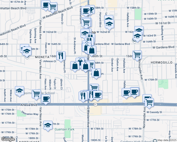 map of restaurants, bars, coffee shops, grocery stores, and more near 16949 Western Avenue in Gardena