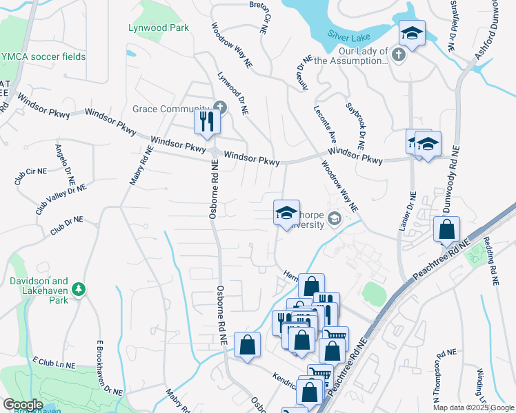 map of restaurants, bars, coffee shops, grocery stores, and more near 1205 Club Walk Drive Northeast in Atlanta