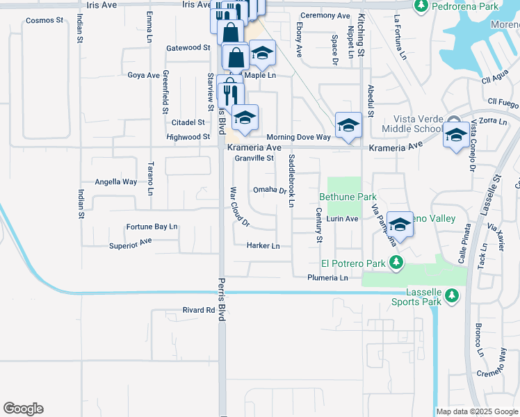 map of restaurants, bars, coffee shops, grocery stores, and more near 16680 Sir Barton Way in Moreno Valley