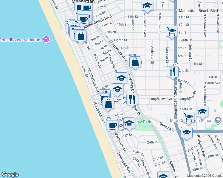 map of restaurants, bars, coffee shops, grocery stores, and more near 330 South Ingleside Drive in Manhattan Beach