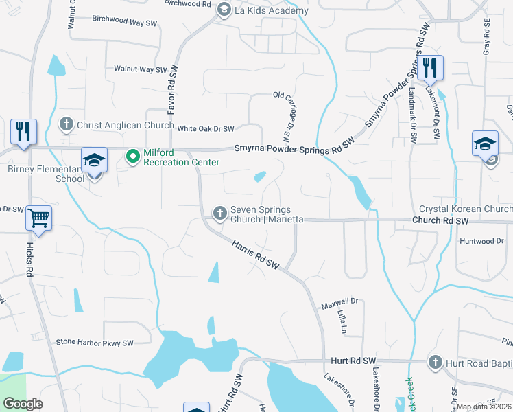 map of restaurants, bars, coffee shops, grocery stores, and more near 3070 Moser Way in Marietta