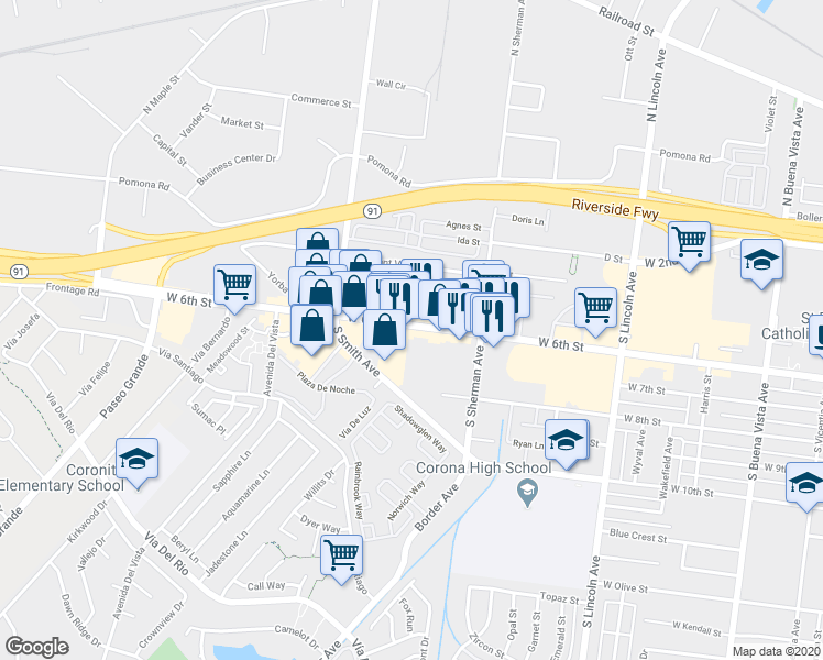 map of restaurants, bars, coffee shops, grocery stores, and more near 1370 West 6th Street in Corona