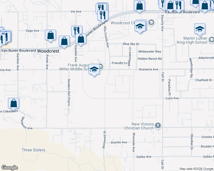 map of restaurants, bars, coffee shops, grocery stores, and more near 18064 Lurin Avenue in Riverside
