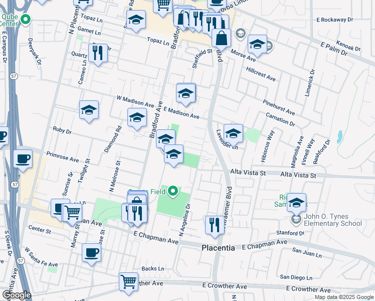 map of restaurants, bars, coffee shops, grocery stores, and more near 210 Turf Drive in Placentia