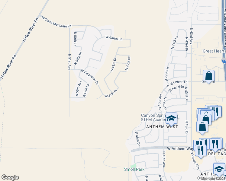 map of restaurants, bars, coffee shops, grocery stores, and more near 4906 West Carpenter Drive in Phoenix
