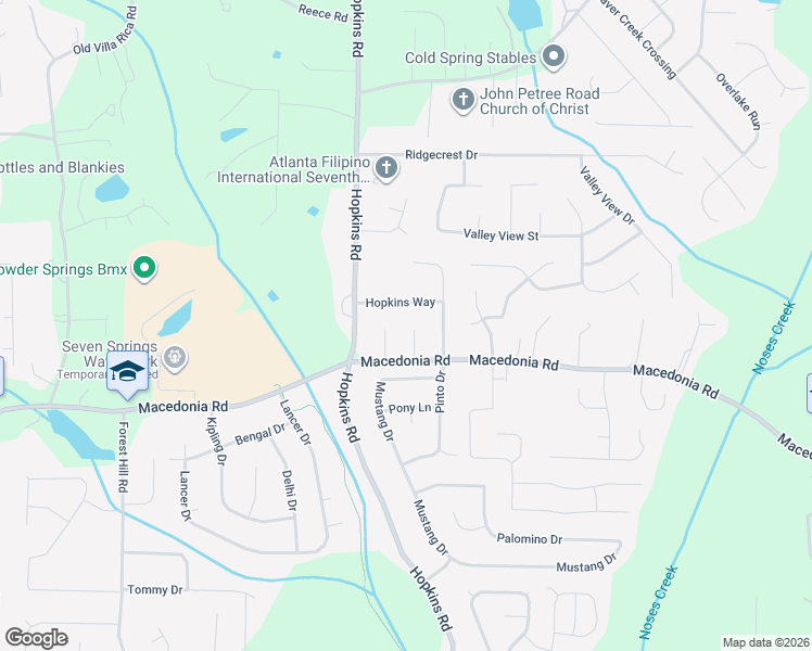map of restaurants, bars, coffee shops, grocery stores, and more near 3118 Macedonia Court in Powder Springs