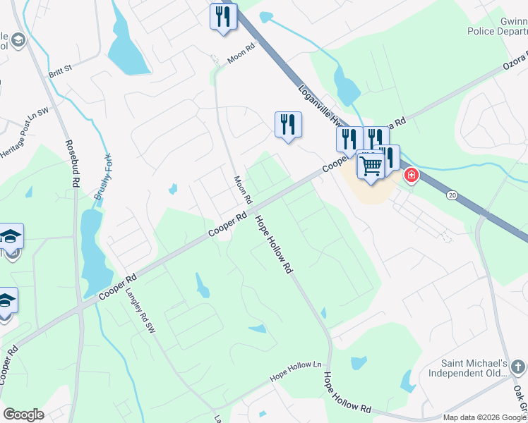map of restaurants, bars, coffee shops, grocery stores, and more near 274-296 Cooper Road in Loganville