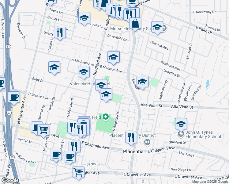 map of restaurants, bars, coffee shops, grocery stores, and more near 210 Turf Drive in Placentia