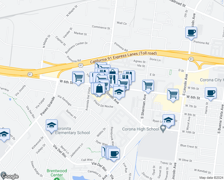 map of restaurants, bars, coffee shops, grocery stores, and more near 1492 West 6th Street in Corona