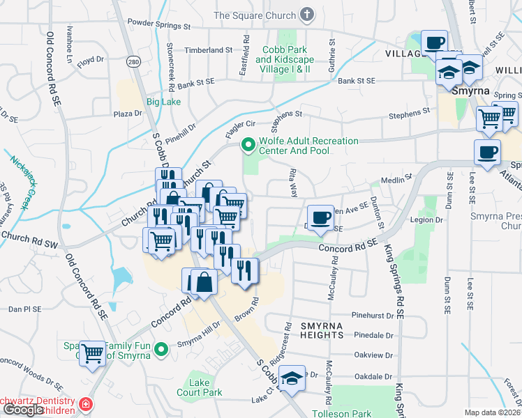 map of restaurants, bars, coffee shops, grocery stores, and more near 899 Concord Road Southeast in Smyrna