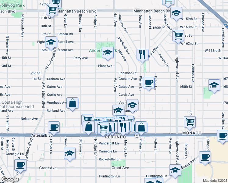 map of restaurants, bars, coffee shops, grocery stores, and more near 2505 Vail Avenue in Redondo Beach