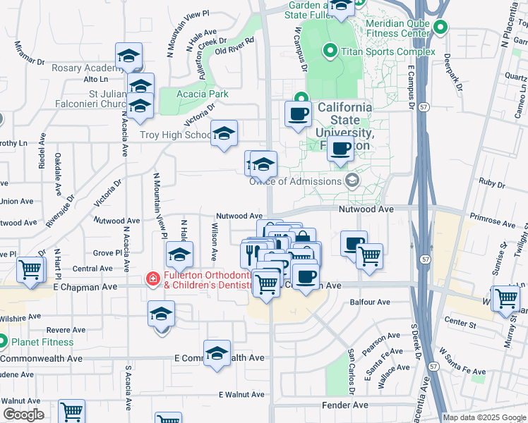 map of restaurants, bars, coffee shops, grocery stores, and more near 800 North State College Boulevard in Fullerton