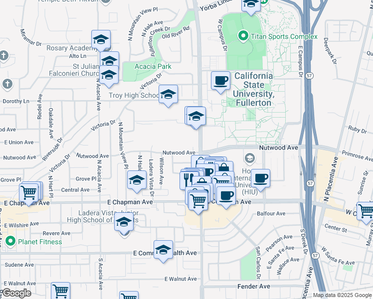 map of restaurants, bars, coffee shops, grocery stores, and more near 2331 Nutwood Avenue in Fullerton