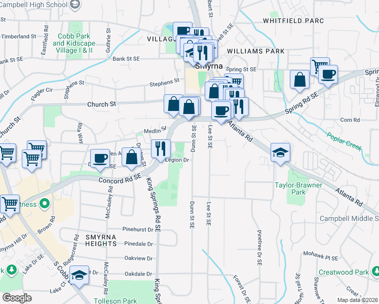 map of restaurants, bars, coffee shops, grocery stores, and more near 3098 Dunn Street Southeast in Smyrna