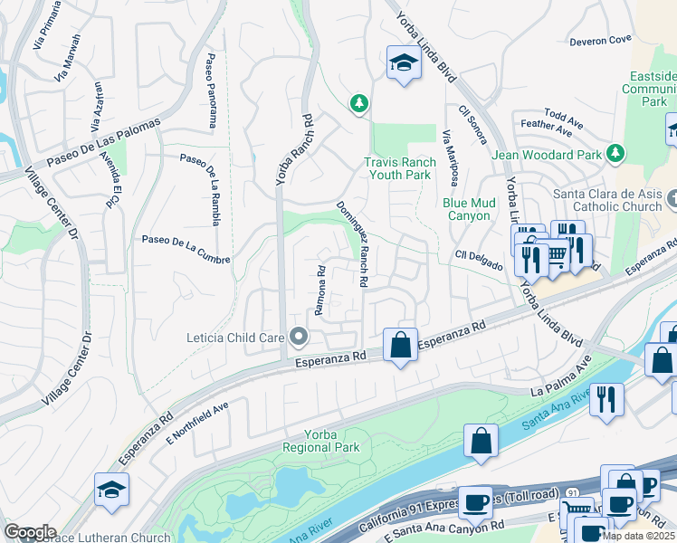 map of restaurants, bars, coffee shops, grocery stores, and more near 21116 Vía Canon in Yorba Linda