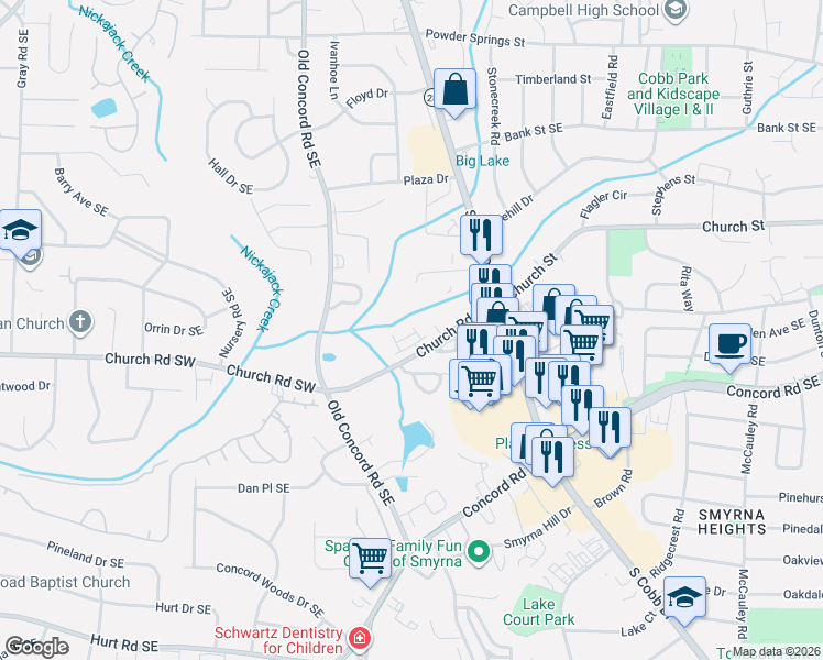 map of restaurants, bars, coffee shops, grocery stores, and more near 257 Aventine Lane in Smyrna