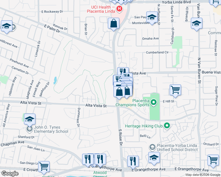 map of restaurants, bars, coffee shops, grocery stores, and more near 661 North Rose Drive in Placentia