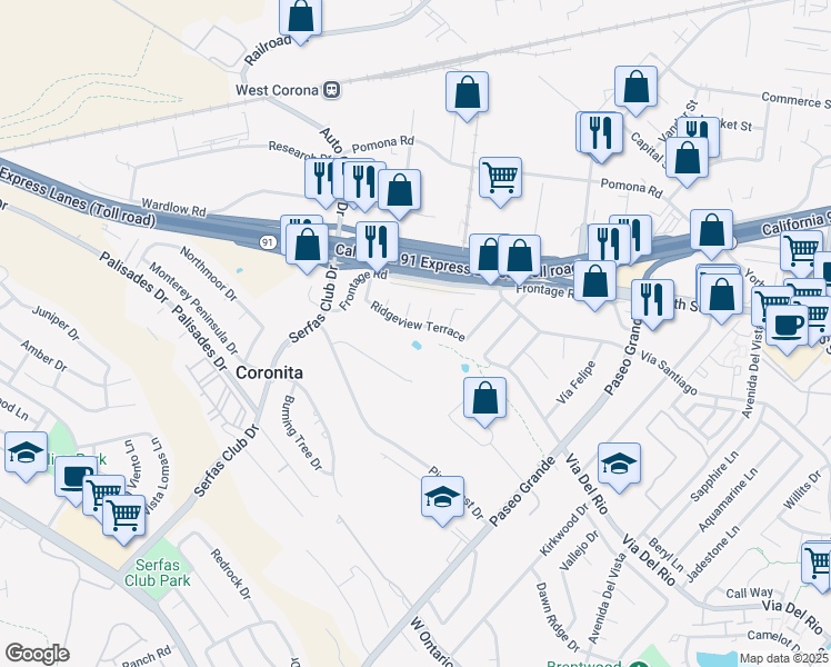 map of restaurants, bars, coffee shops, grocery stores, and more near 2186 Ridgeview Terrace in Corona