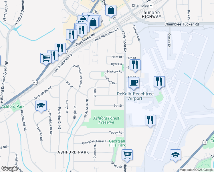 map of restaurants, bars, coffee shops, grocery stores, and more near 3050 Knox Avenue in Atlanta