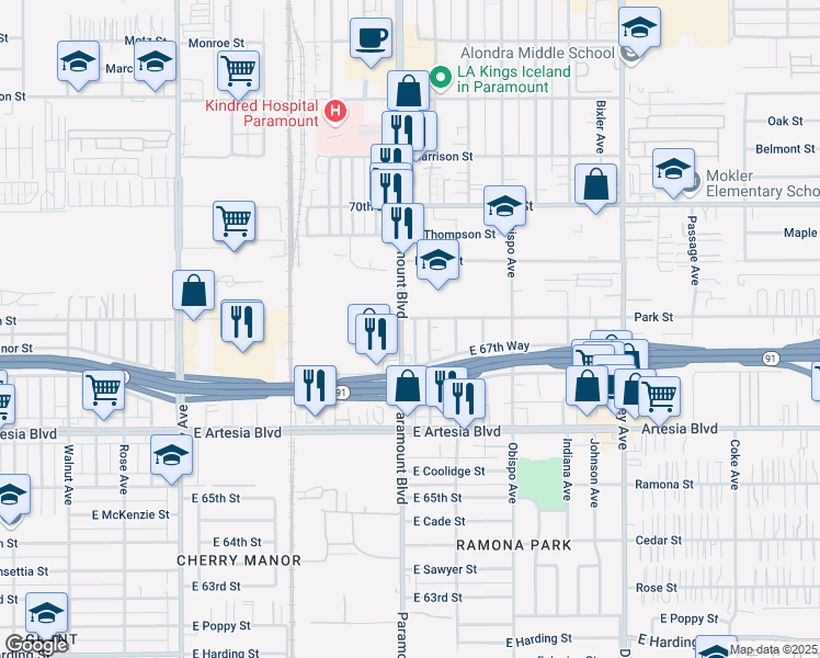 map of restaurants, bars, coffee shops, grocery stores, and more near 6761 Curtis Avenue in Long Beach