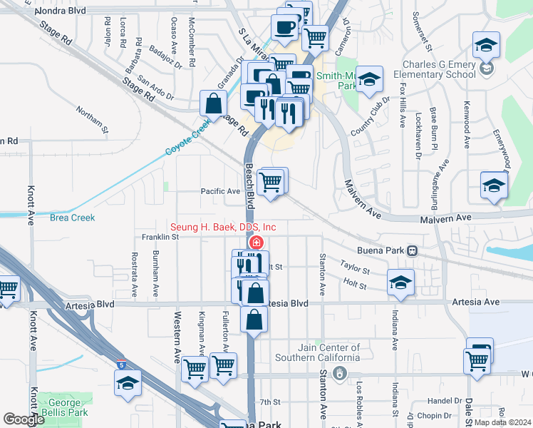 map of restaurants, bars, coffee shops, grocery stores, and more near 5600 Beach Boulevard in Buena Park