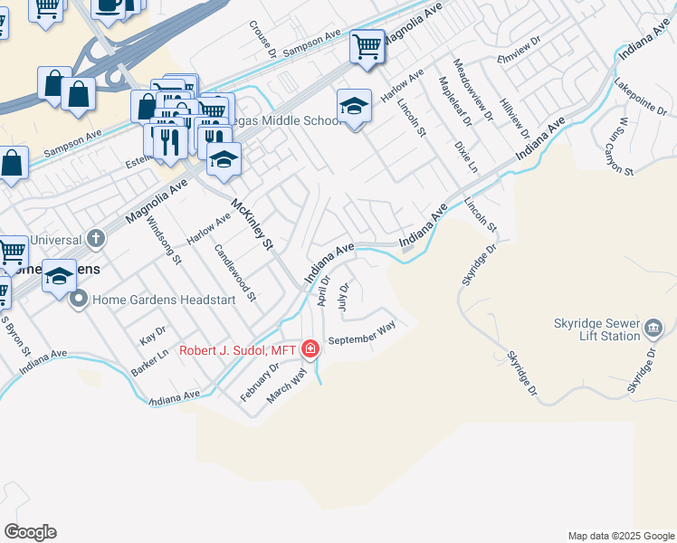 map of restaurants, bars, coffee shops, grocery stores, and more near 13022 April Drive in Riverside