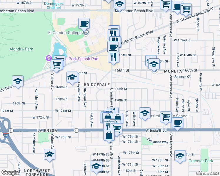 map of restaurants, bars, coffee shops, grocery stores, and more near 16808 Crenshaw Boulevard in Torrance