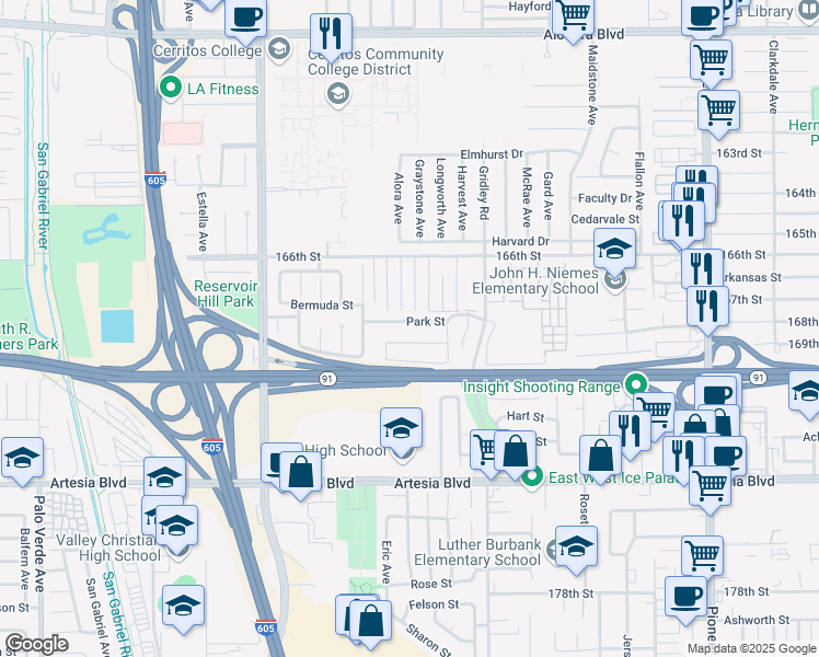 map of restaurants, bars, coffee shops, grocery stores, and more near 11242 Park Street in Cerritos