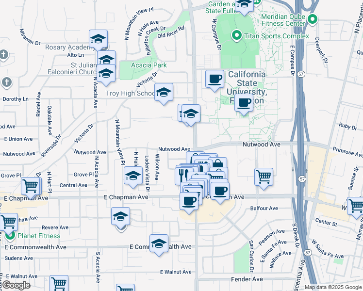 map of restaurants, bars, coffee shops, grocery stores, and more near 2331 Nutwood Avenue in Fullerton