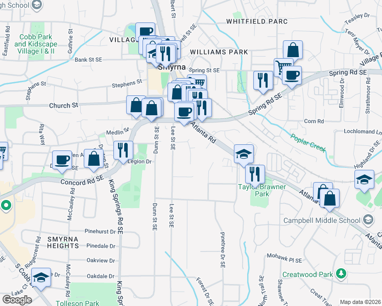 map of restaurants, bars, coffee shops, grocery stores, and more near 3127 Wills St in Smyrna