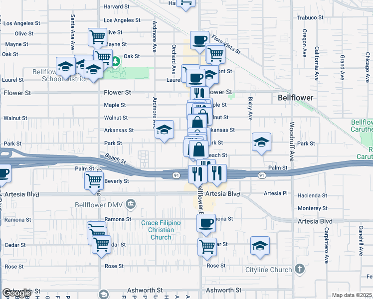 map of restaurants, bars, coffee shops, grocery stores, and more near 9730 Park St in Bellflower