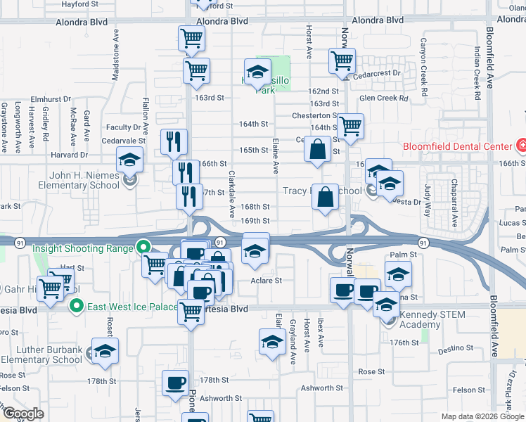 map of restaurants, bars, coffee shops, grocery stores, and more near 11954 168th Street in Artesia