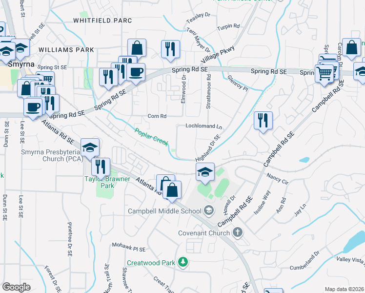 map of restaurants, bars, coffee shops, grocery stores, and more near 3106 Prestwick Place in Smyrna