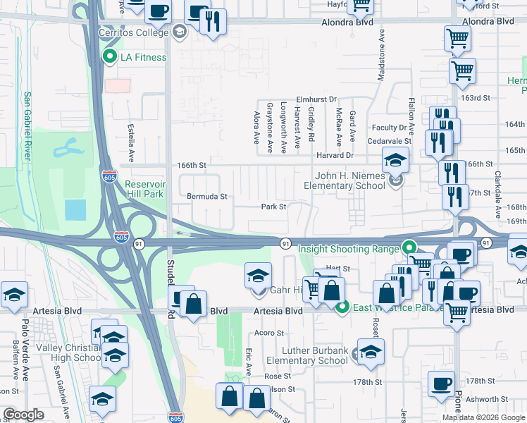 map of restaurants, bars, coffee shops, grocery stores, and more near 11242 Park Street in Cerritos