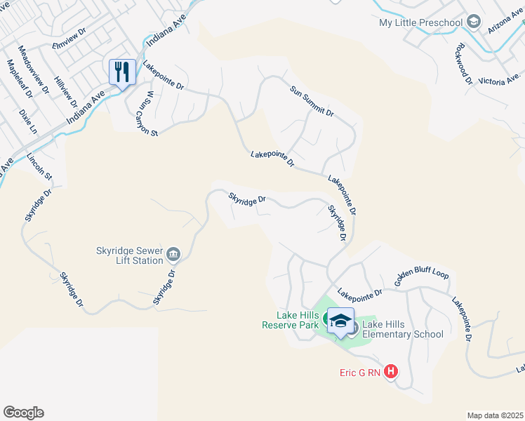 map of restaurants, bars, coffee shops, grocery stores, and more near 16068 Blue Mountain Court in Riverside