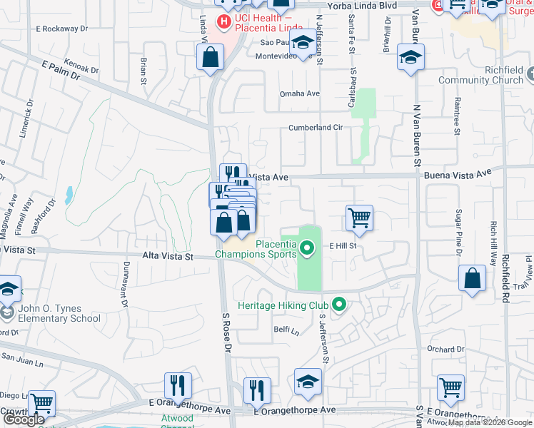 map of restaurants, bars, coffee shops, grocery stores, and more near 726 Olivier Drive in Placentia