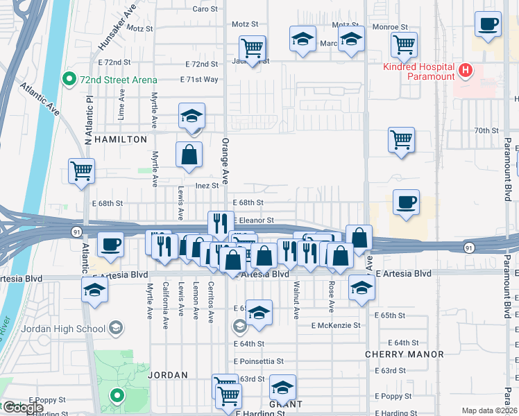 map of restaurants, bars, coffee shops, grocery stores, and more near 1309 East Eleanor Street in Long Beach