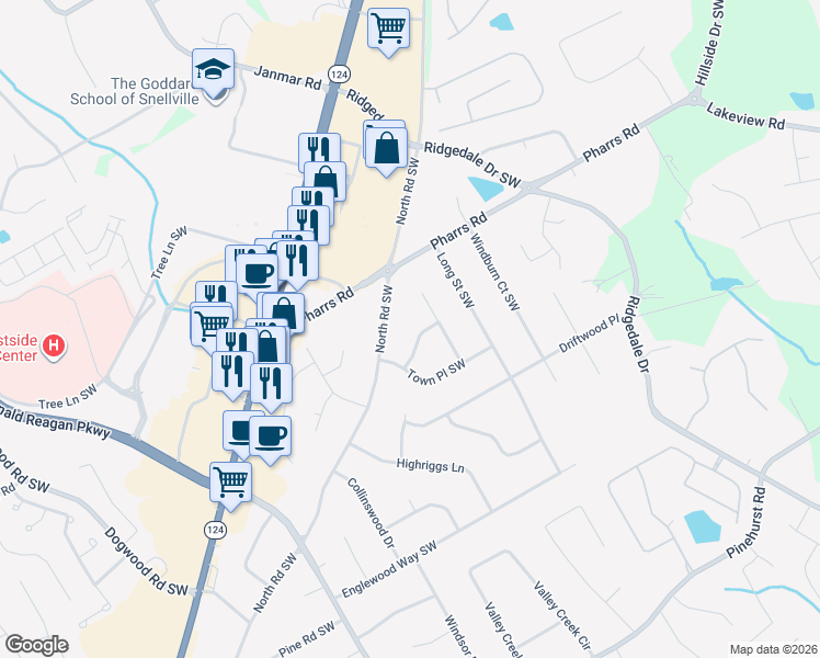 map of restaurants, bars, coffee shops, grocery stores, and more near 1883 Bent Trail Southwest in Snellville