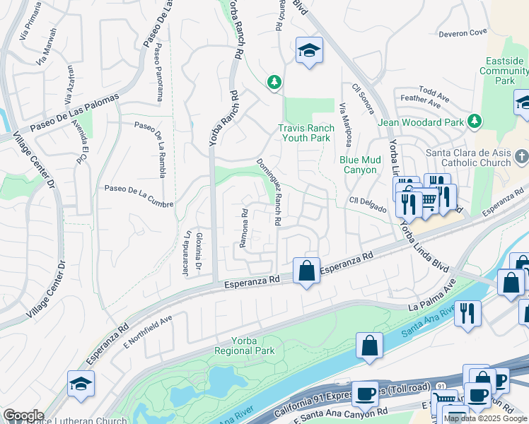map of restaurants, bars, coffee shops, grocery stores, and more near Vía Canon in Yorba Linda