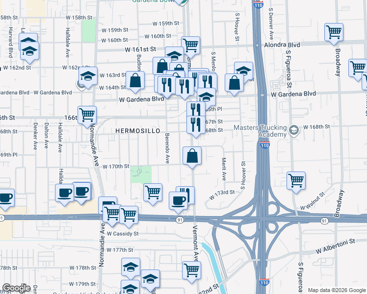 map of restaurants, bars, coffee shops, grocery stores, and more near 16915 Vermont Avenue in Gardena