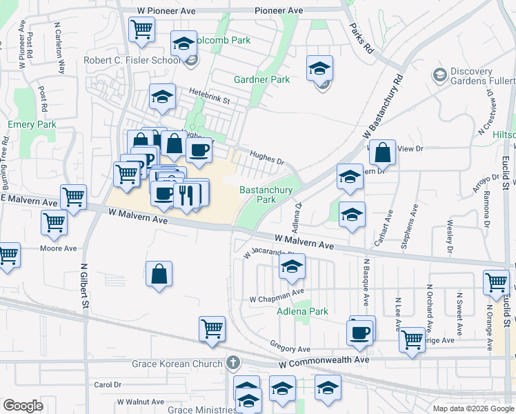 map of restaurants, bars, coffee shops, grocery stores, and more near 1717 West Bastanchury Road in Fullerton