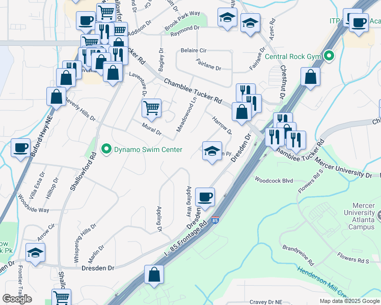 map of restaurants, bars, coffee shops, grocery stores, and more near 3019 Trafalgar Way in Atlanta