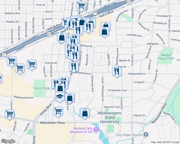 map of restaurants, bars, coffee shops, grocery stores, and more near 3400 Glenwood Avenue in Wichita Falls